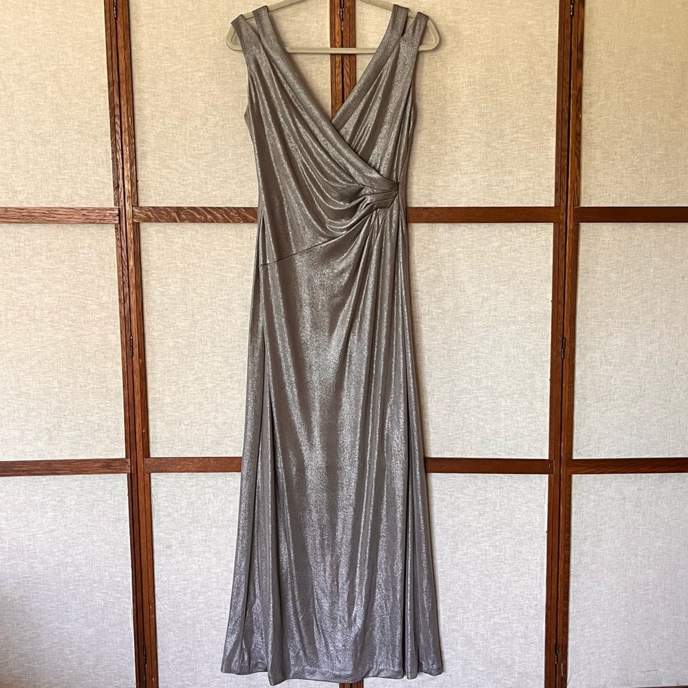 Ralph Lauren Silver Shimmer V-Neck Evening Gown